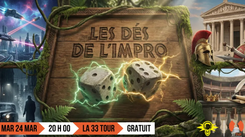 Image avec un boite en bois où il y a écrit "Les dés de l'impro". Des dés sortent de cette boite. 